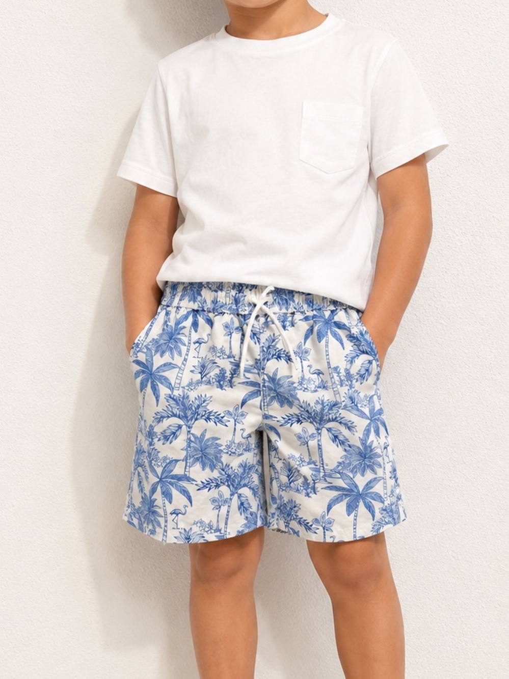 Janie and Jack Blue Palm-Print Drawstring‎ Swim Shorts 8T